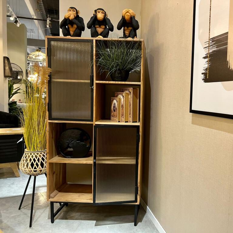 ספריה עץ שיטה 2 דלתות זכוכית מסגרת ברזל שחור דגם "לילה"