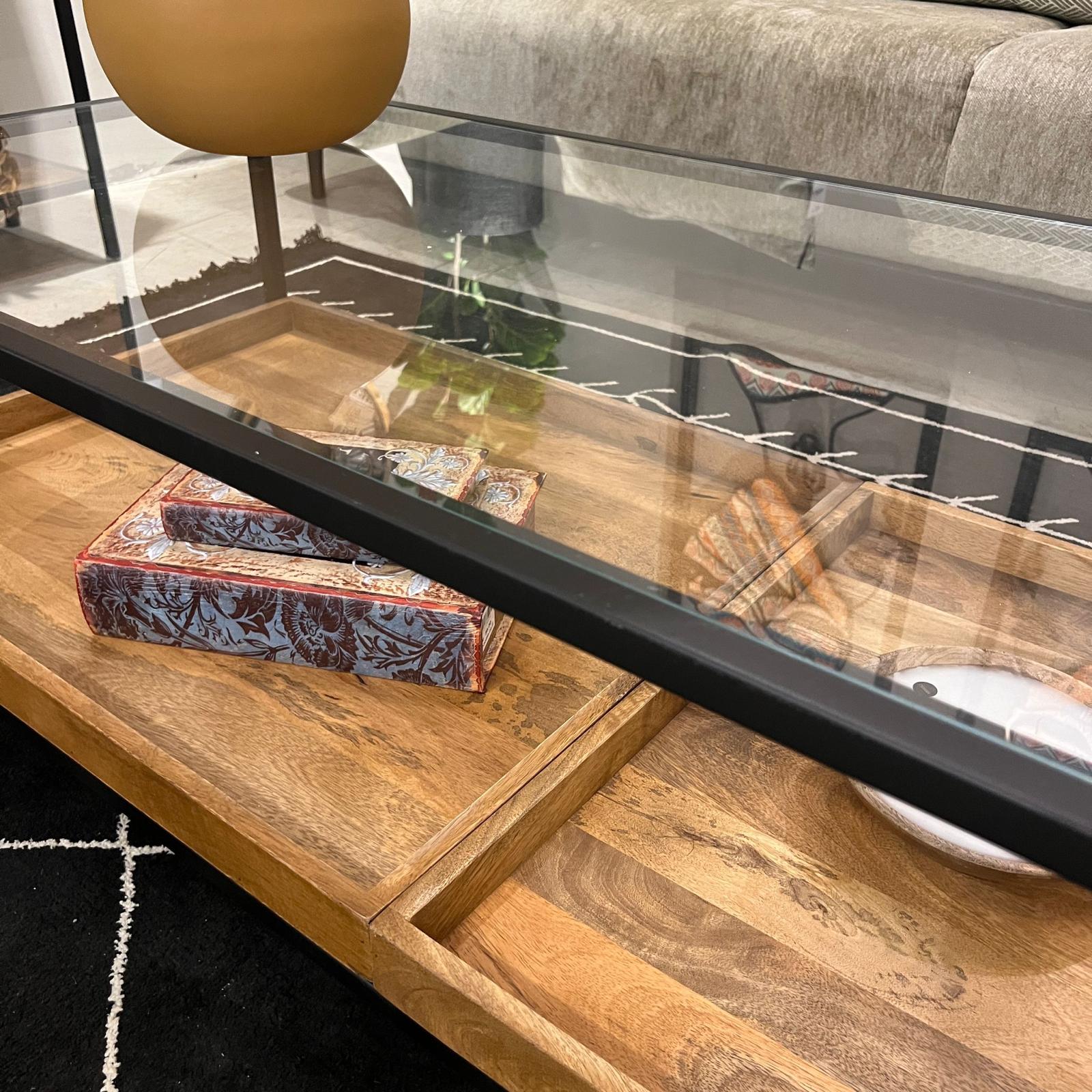 שולחן סלון ווד טרי עץ מנגו ברזל שחור וזכוכית דגם סוניל