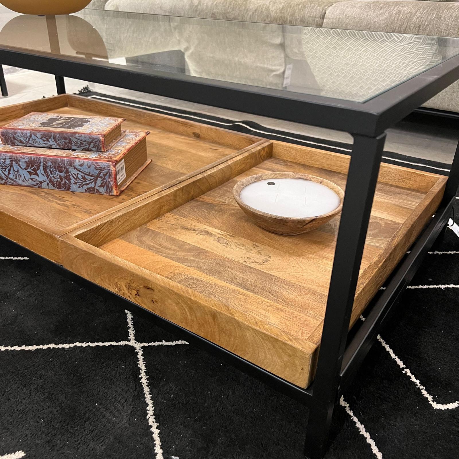 שולחן סלון ווד טרי עץ מנגו ברזל שחור וזכוכית דגם סוניל