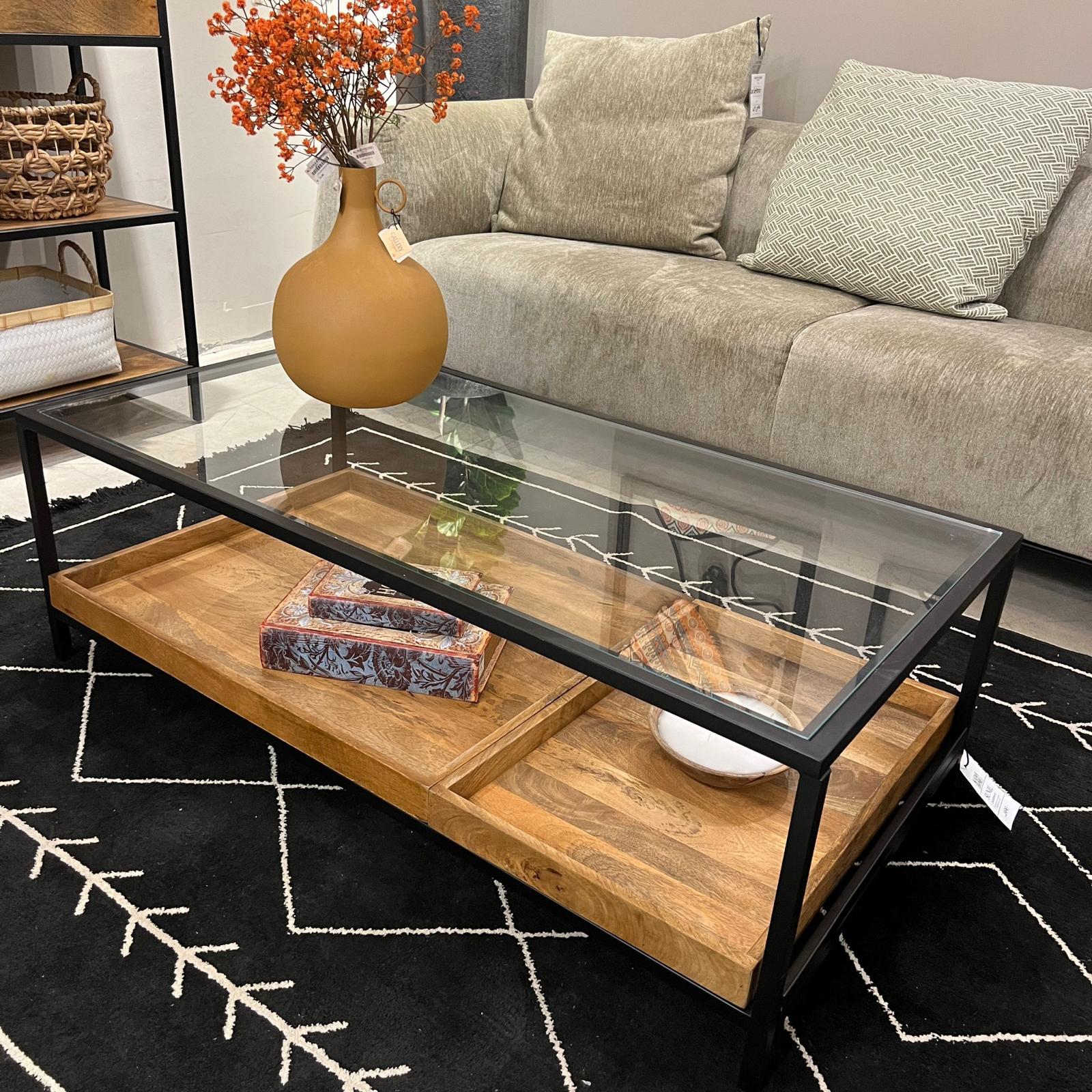 שולחן סלון ווד טרי עץ מנגו ברזל שחור וזכוכית דגם סוניל