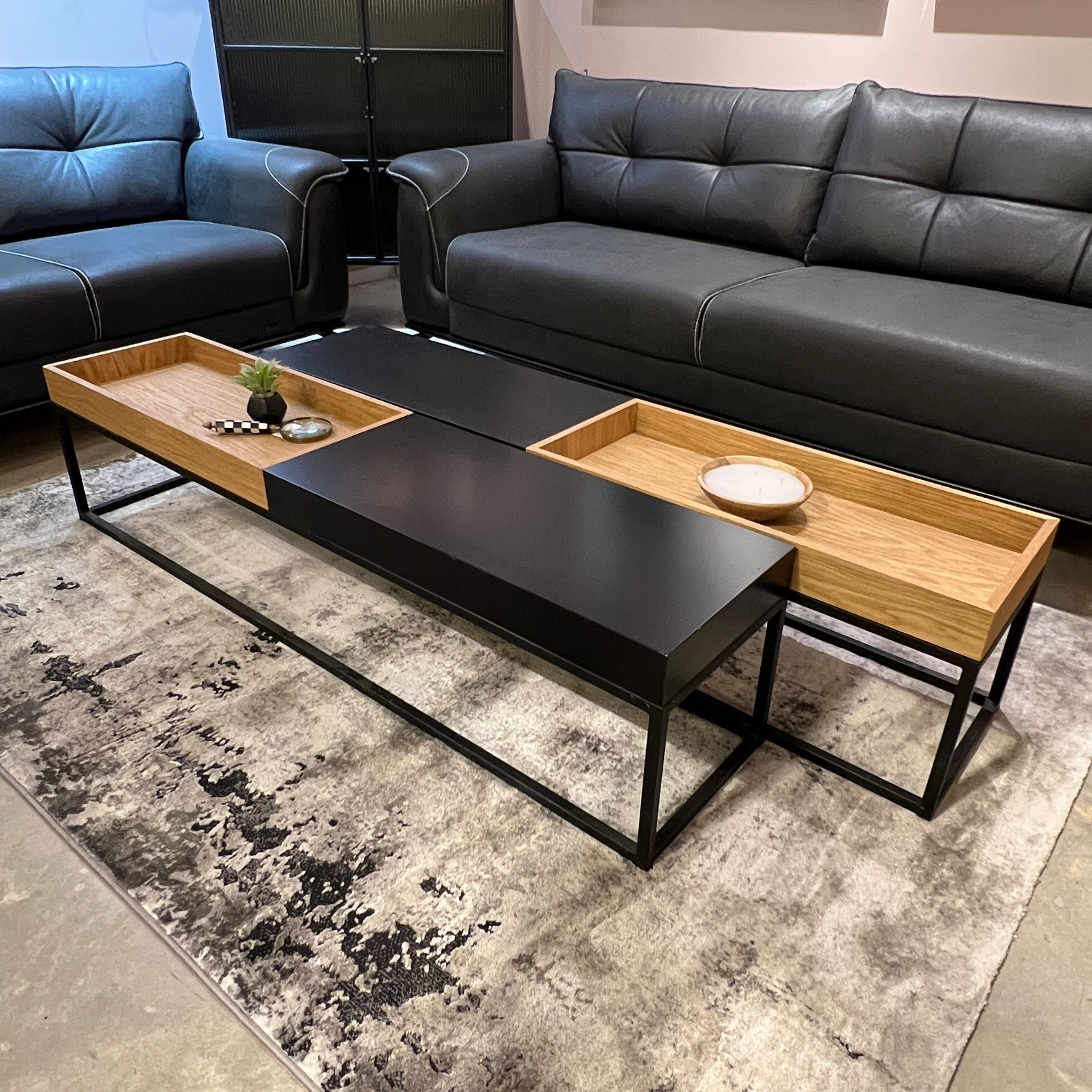 סט שולחנות סלון דגם מגש מלבני אלון טבעי משולב שחור