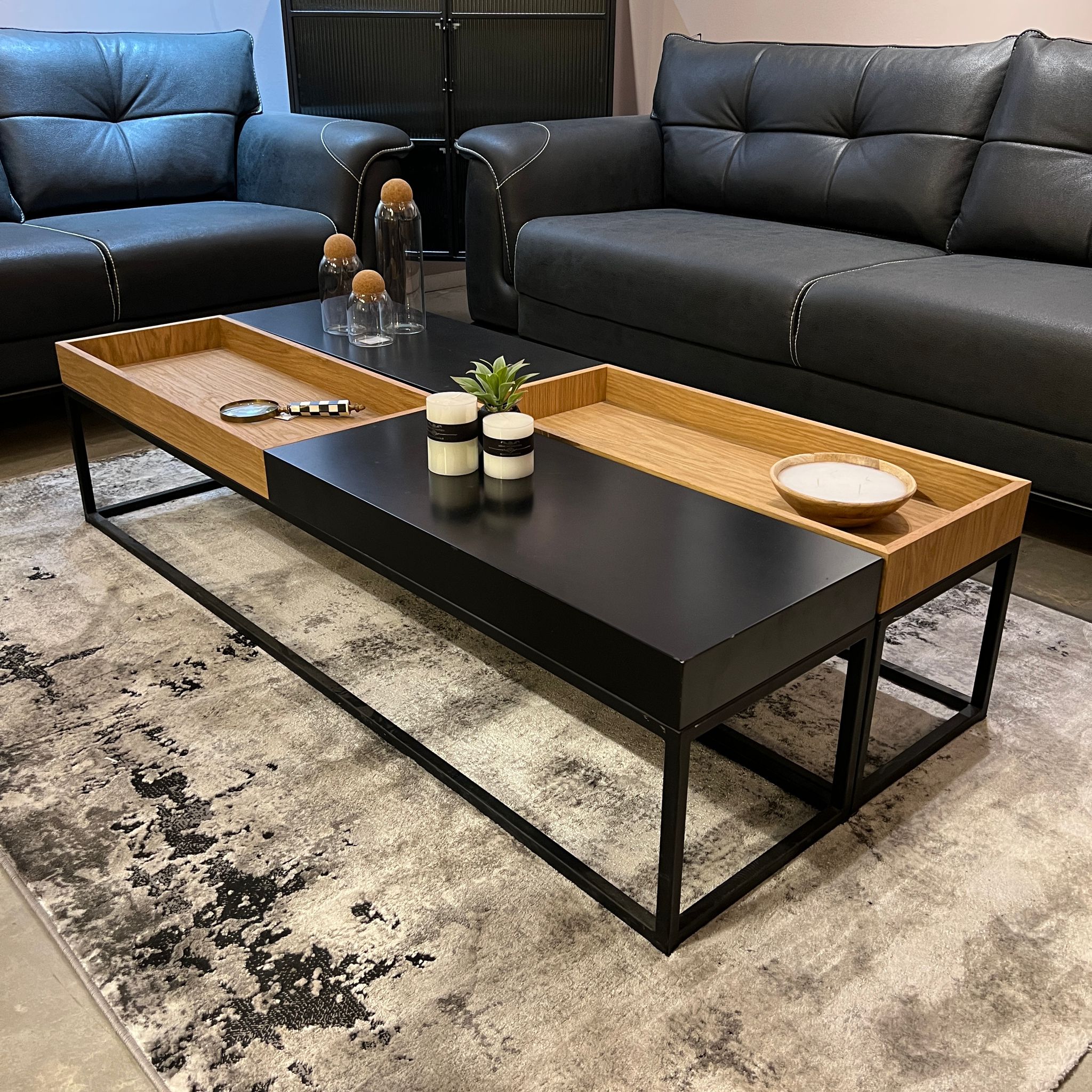 סט שולחנות סלון דגם מגש מלבני אלון טבעי משולב שחור