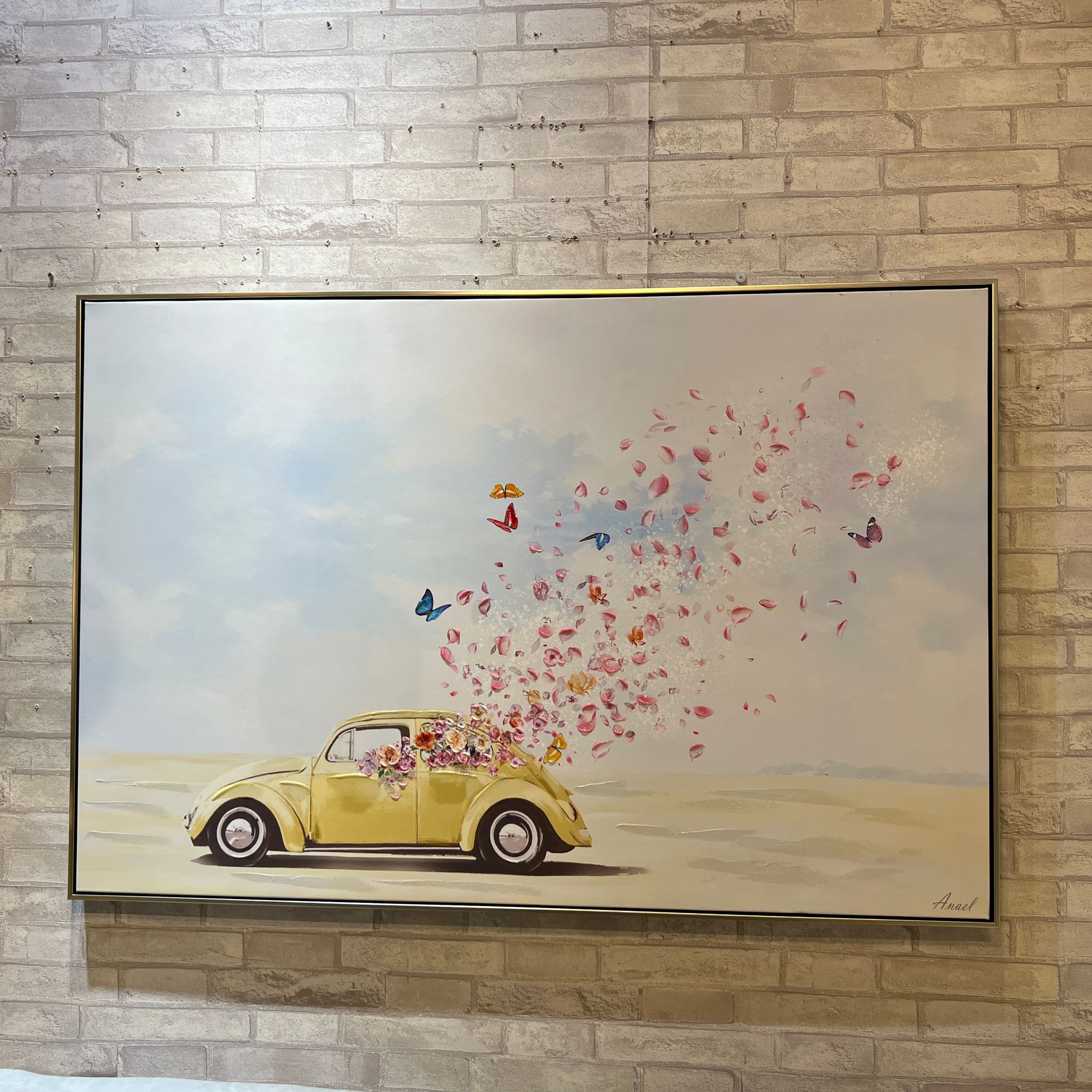 תמונת שמן בשילוב הדפסה מכונית צהובה תמונת שמן בשילוב הדפסה מכונית צהובה