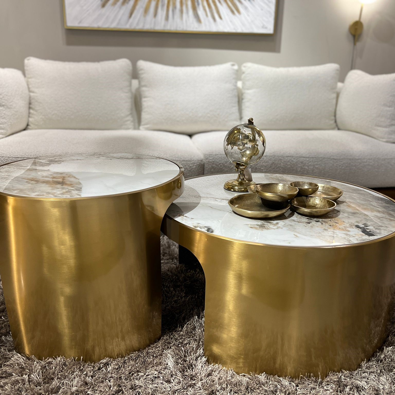 סט שולחנות סלון עגולים דגם רויאל מרבל רגל זהב קימי