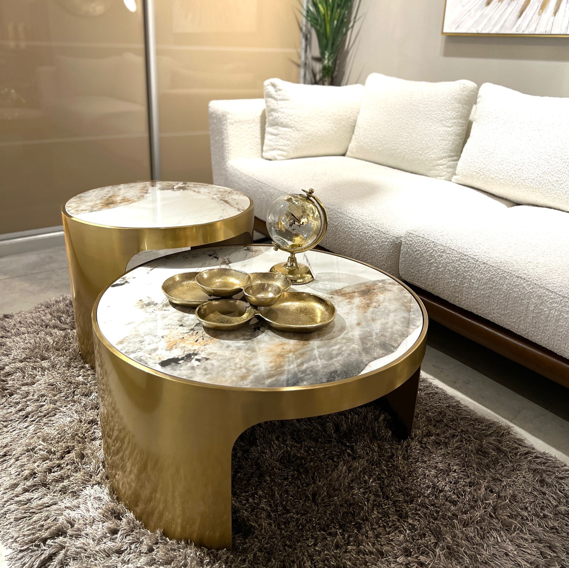 סט שולחנות סלון עגולים דגם רויאל מרבל רגל זהב קימי