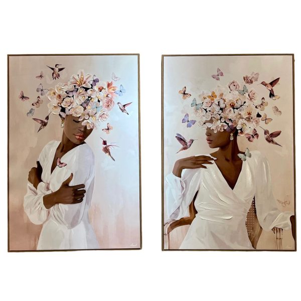 תמונה שמן אישה עם רקע ורוד בשילוב הדפסה עם מסגרת