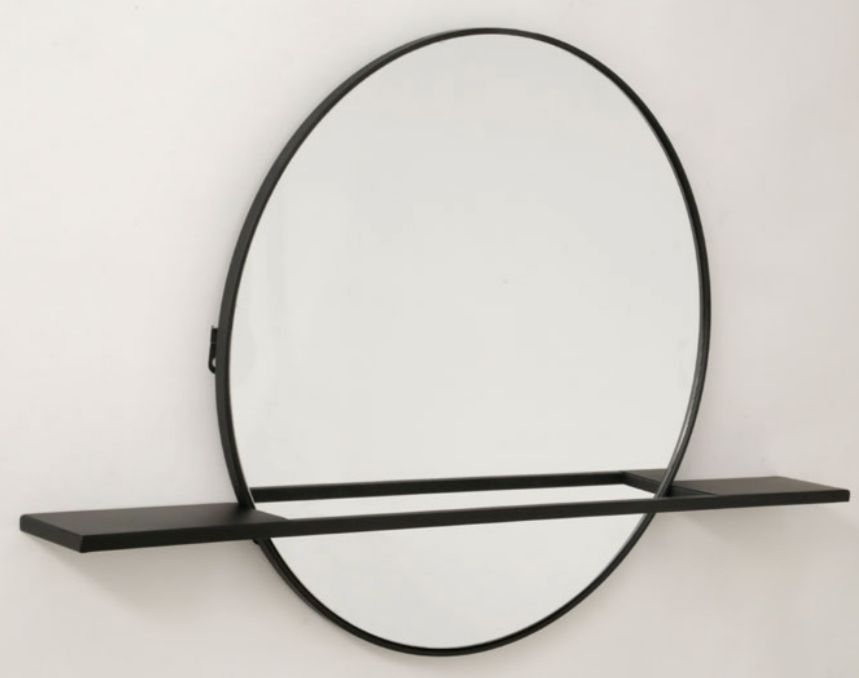 מראה עגולה + מדף מתכת בצבע שחור מראה עגולה + מדף מתכת בצבע שחור