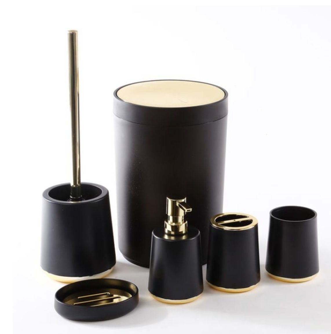 סט גולי פח 5L ומברשת שירותים מחזיק מברשת שיניים מעמד לסבון ספל ודיספנסר שחור זהב סט גולי פח 5L ומברשת שירותים מחזיק מברשת שיניים מעמד לסבון ספל ודיספנסר שחור זהב