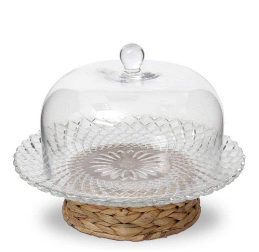 פעמון עוגה זכוכית על סלסלת קש גולי