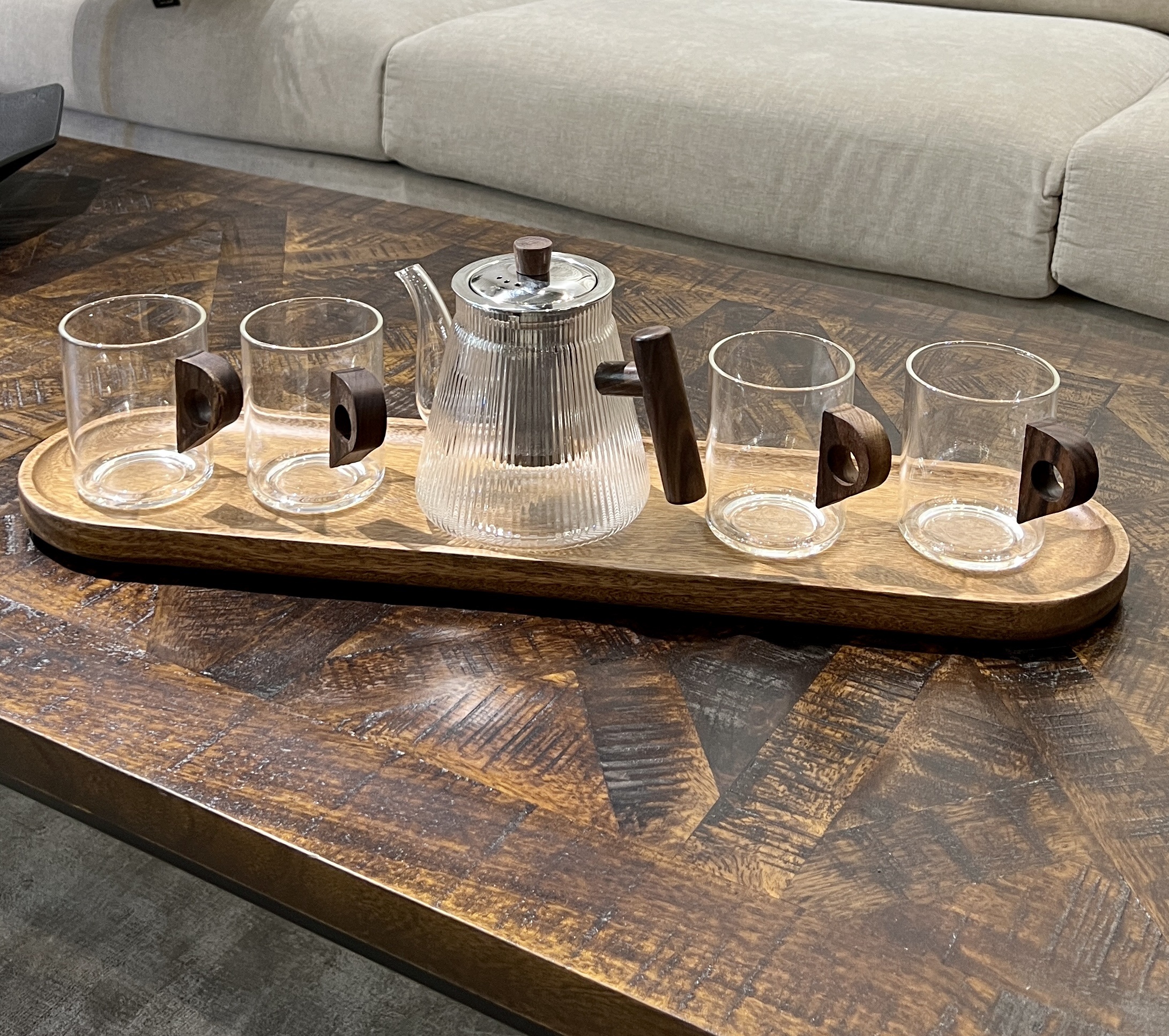 קומקום זכוכית פסים ידית עץ דגם אליס