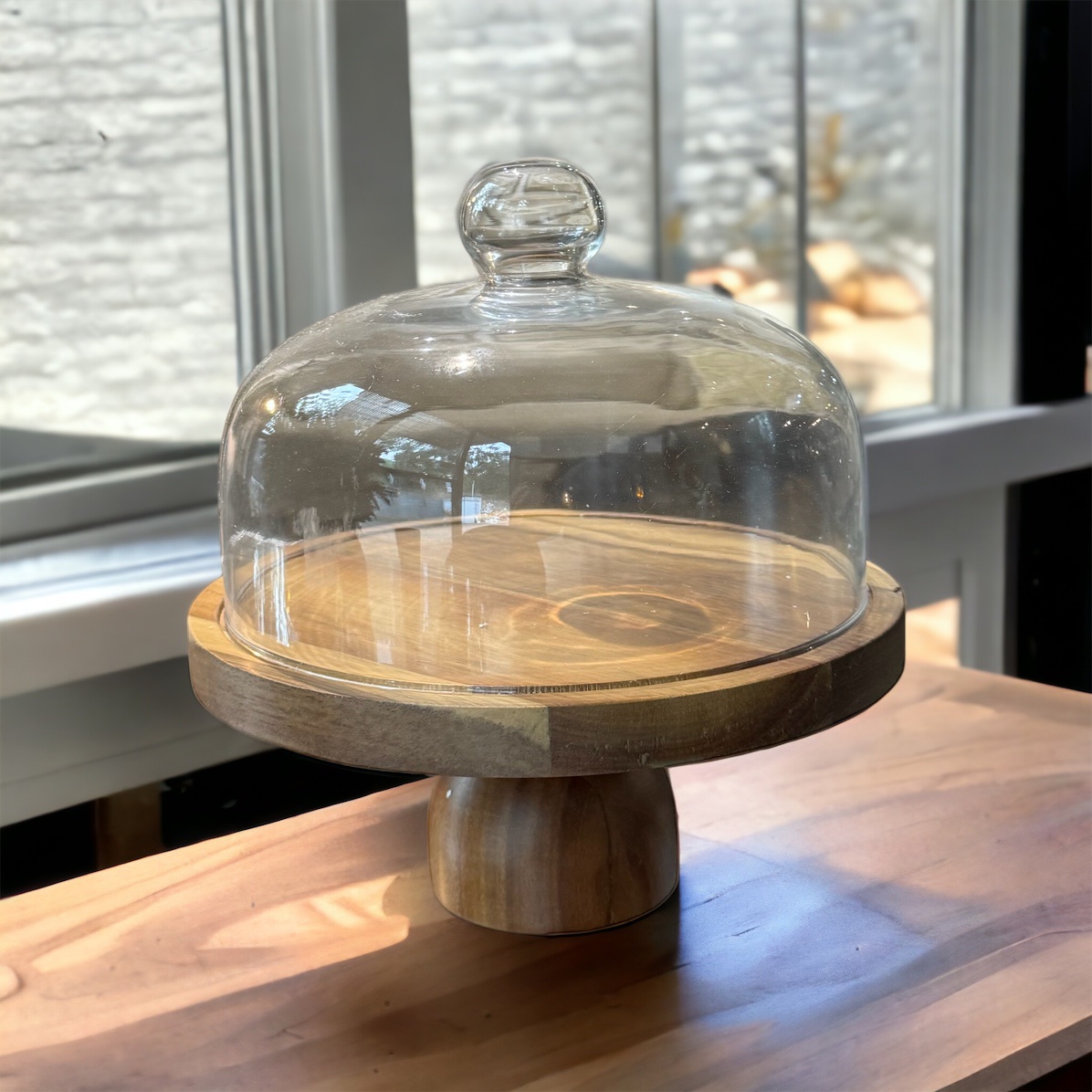 כלי עוגה עץ עם רגל פעמון זכוכית גדול דגם אליס