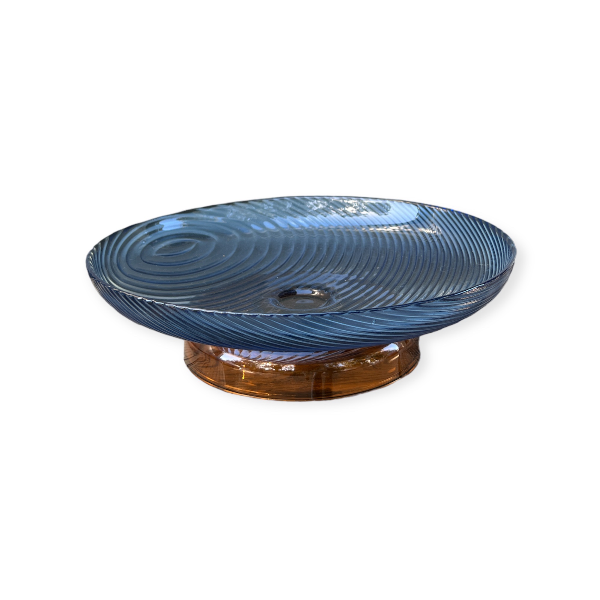 קערת זכוכית על רגל זכוכית נמוכה כחול רקוע/ אמבר דגם אליס קערת זכוכית על רגל זכוכית נמוכה כחול רקוע/ אמבר דגם אליס