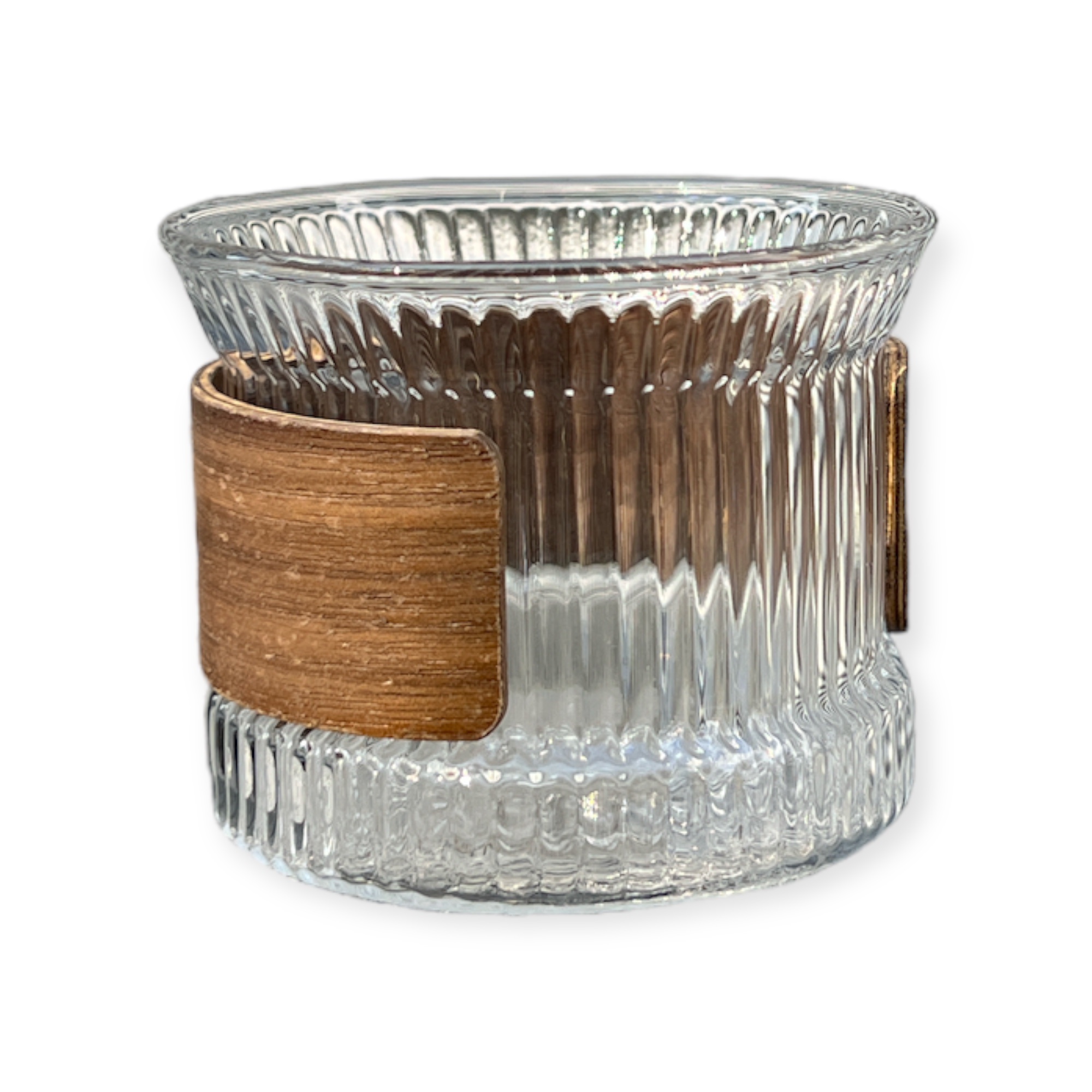 כוס זכוכית פסים מאחז עץ עוטף דגם אליס