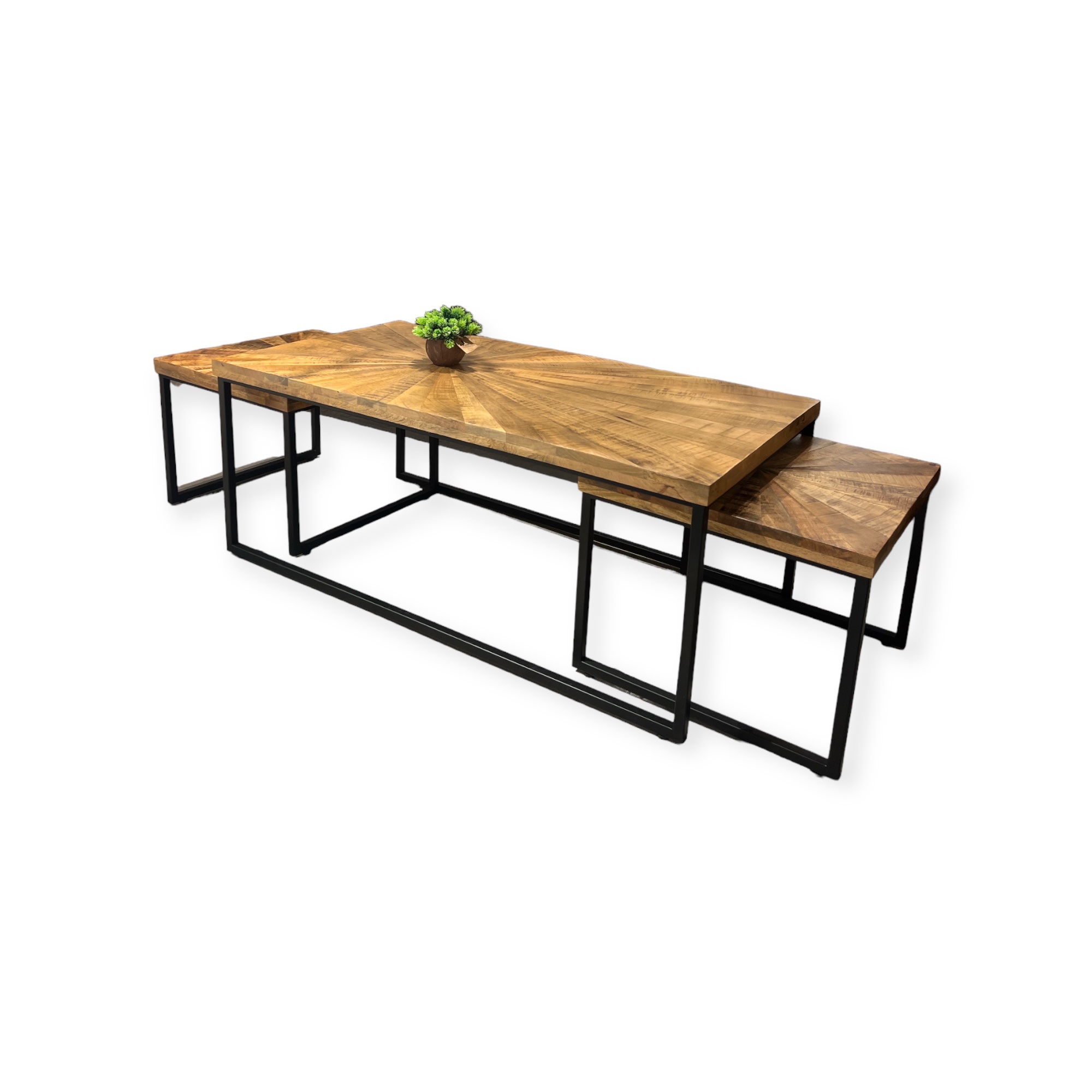 סט 3 שולחנות סלון עץ שמש רגליים ברזל שחור דגם סוניל סט 3 שולחנות סלון עץ שמש רגליים ברזל שחור דגם סוניל