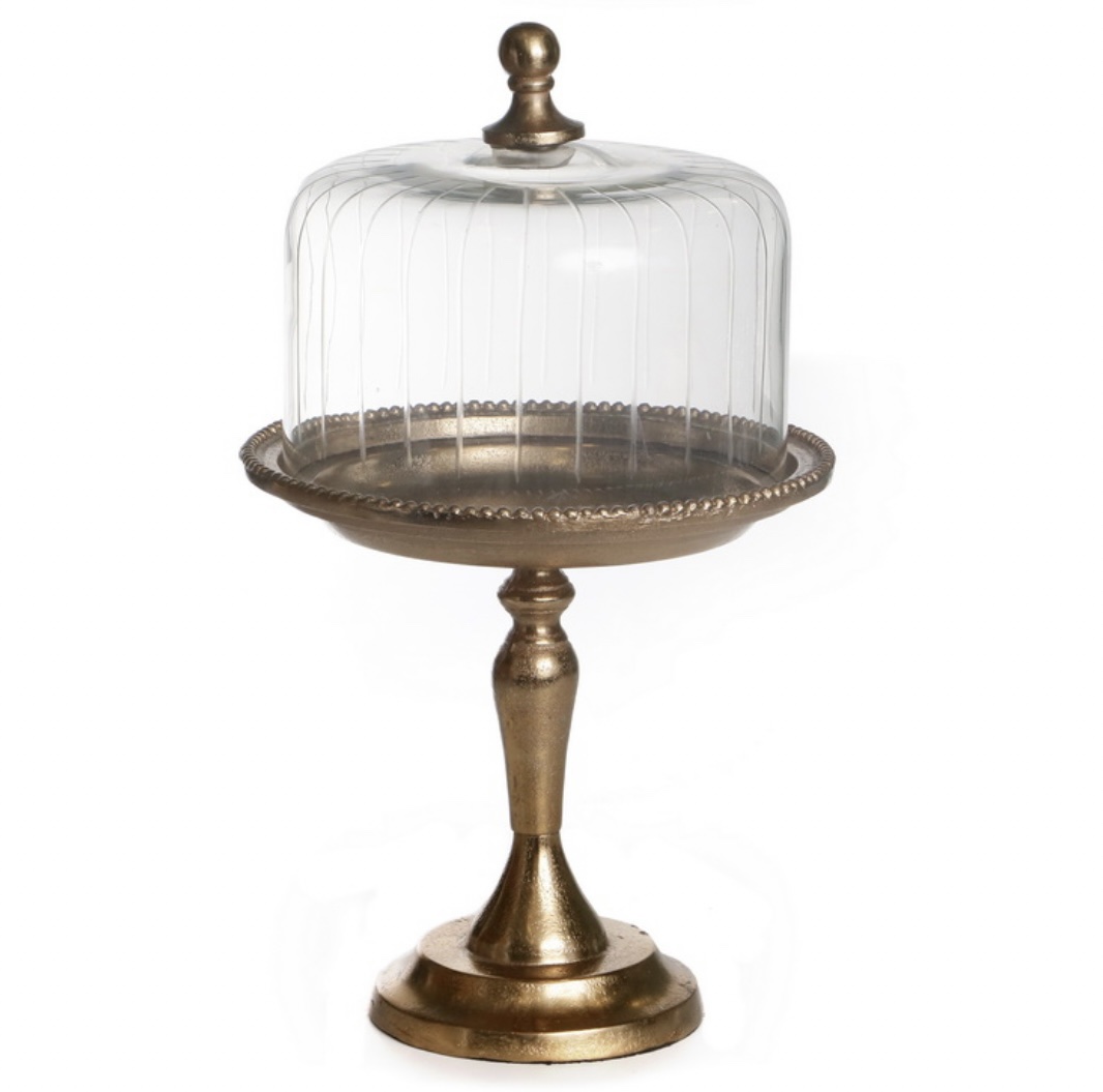 מגש עגול על רגל מתכת זהב פעמון זכוכית שקוף פסים מגש עגול על רגל מתכת זהב פעמון זכוכית שקוף פסים