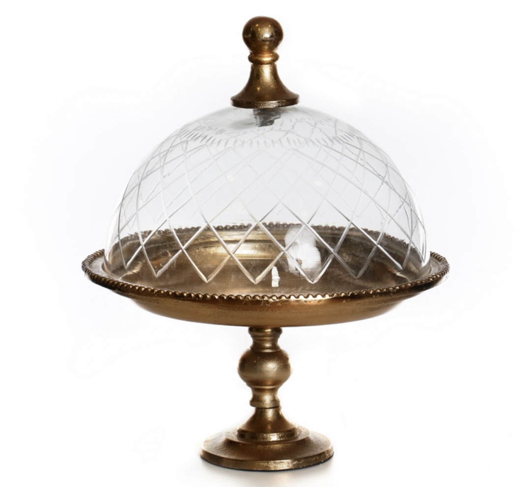 מגש עגול על רגל מתכת זהב פעמון זכוכית מגש עגול על רגל מתכת זהב פעמון זכוכית