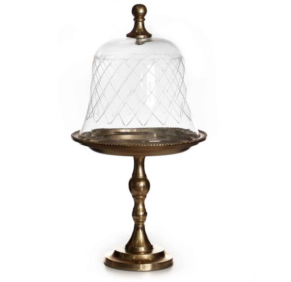 מגש על רגל עגול מתכת זהב פעמון זכוכית שקוף מגש על רגל עגול מתכת זהב פעמון זכוכית שקוף