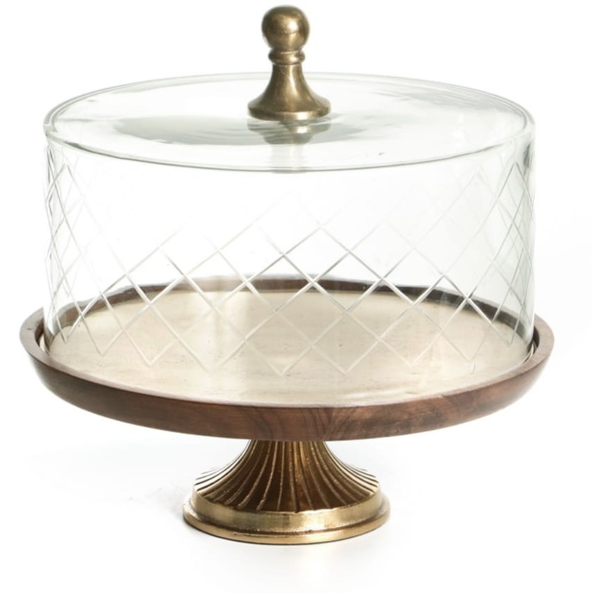 מגש עגול על רגל זהב בסיס עץ טבעי פעמון זכוכית שקוף