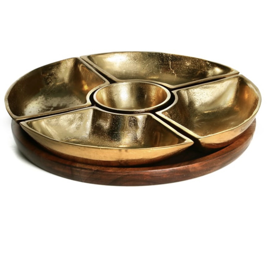 חמישיית קערות הגשה זהב על בסיס עגול עץ טבעי חמישיית קערות הגשה זהב על בסיס עגול עץ טבעי