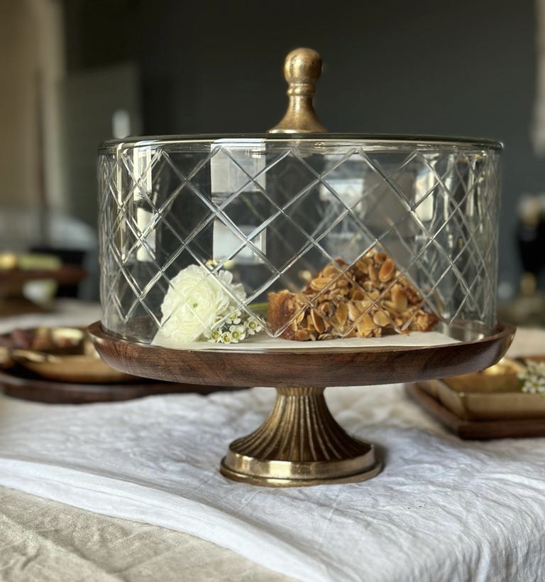 מגש עגול על רגל זהב בסיס עץ טבעי פעמון זכוכית שקוף