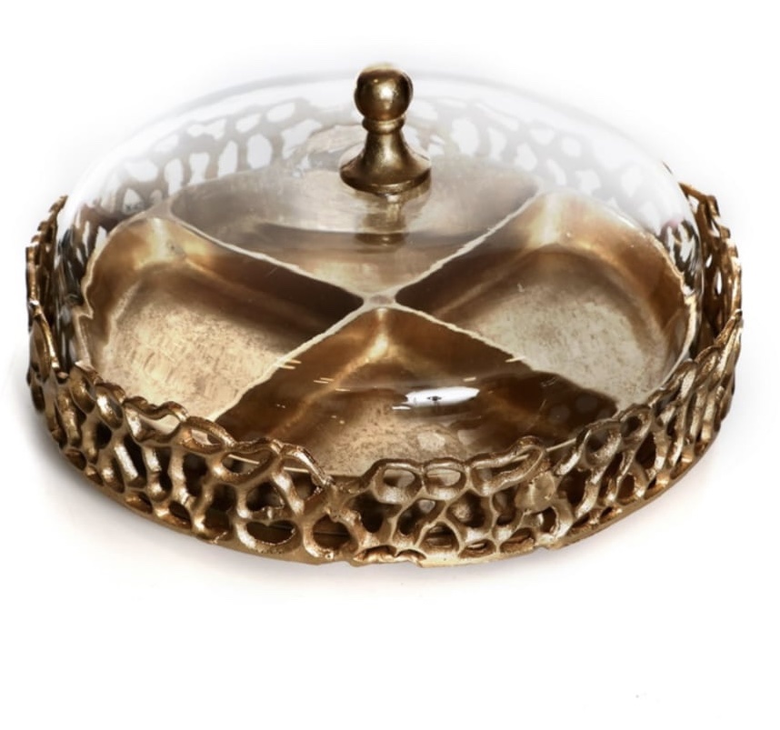 מגש עגול מחולק מתכת מחוררת זהב פעמון זכוכית שקוף מגש עגול מחולק מתכת מחוררת זהב פעמון זכוכית שקוף