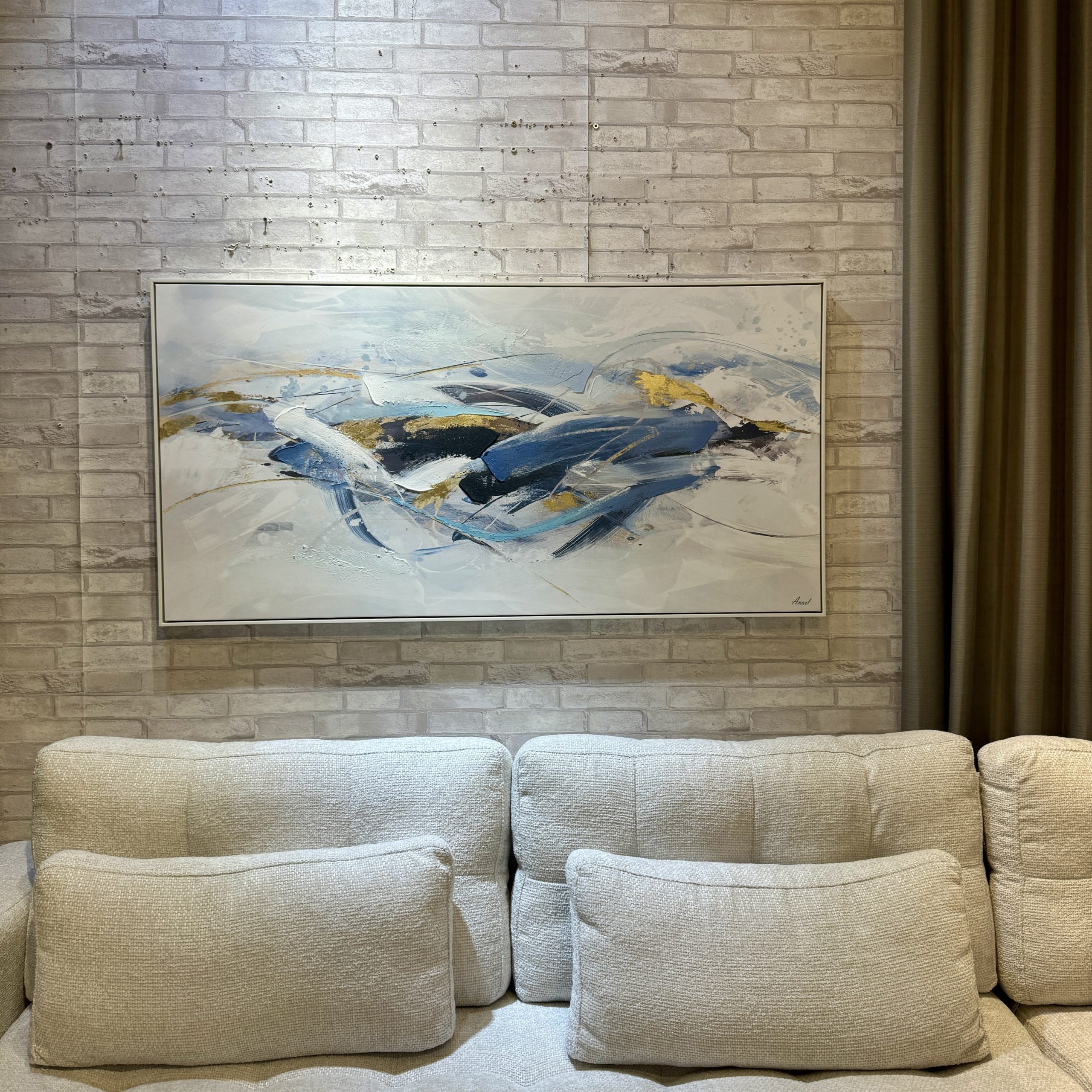 תמונת שמן אנאל אבסטרקטית מתפרץ כחול זהב בשילוב הדפסה עם מסגרת תמונת שמן אנאל אבסטרקטית מתפרץ כחול זהב בשילוב הדפסה עם מסגרת