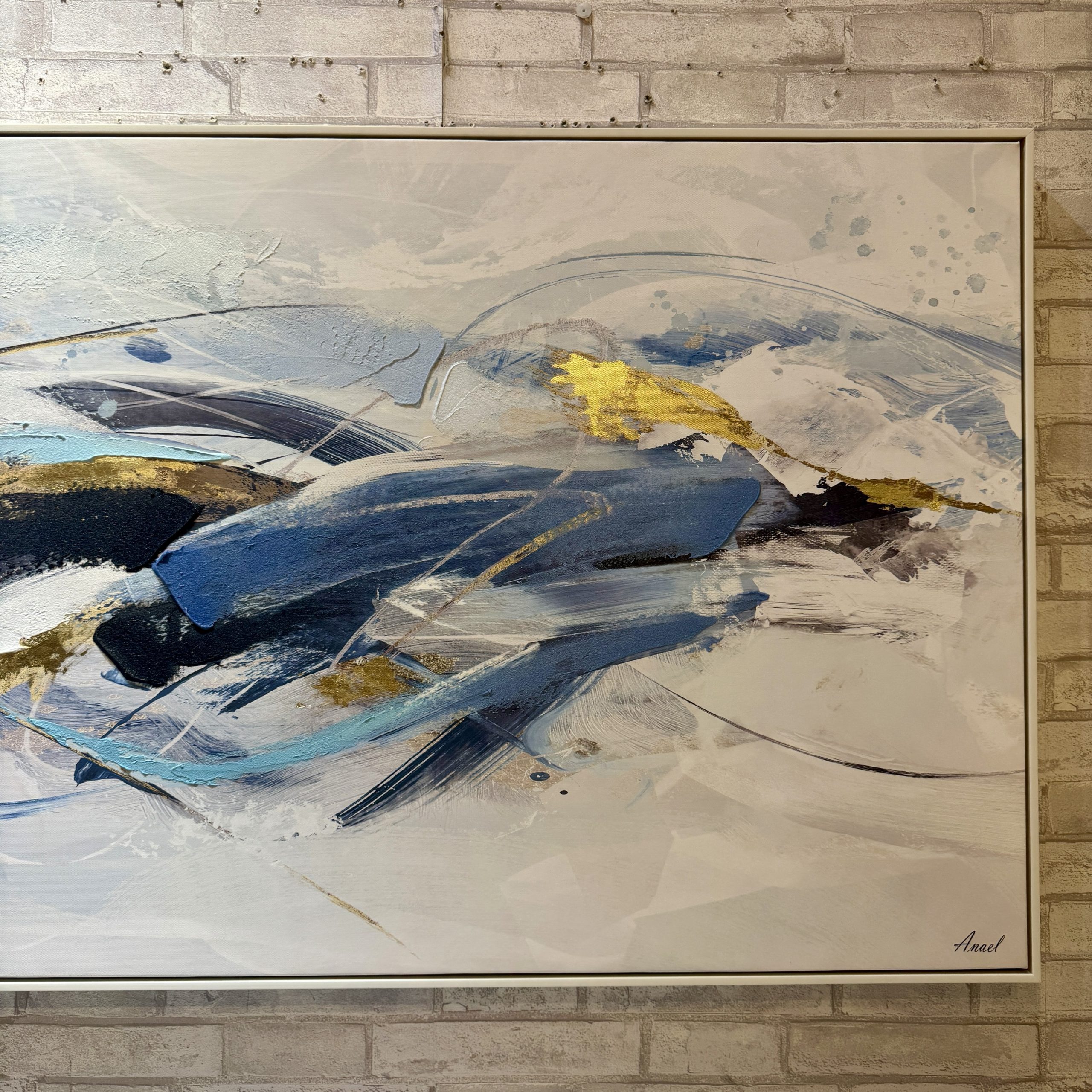 תמונת שמן אנאל אבסטרקטית מתפרץ כחול זהב בשילוב הדפסה עם מסגרת תמונת שמן אנאל אבסטרקטית מתפרץ כחול זהב בשילוב הדפסה עם מסגרת