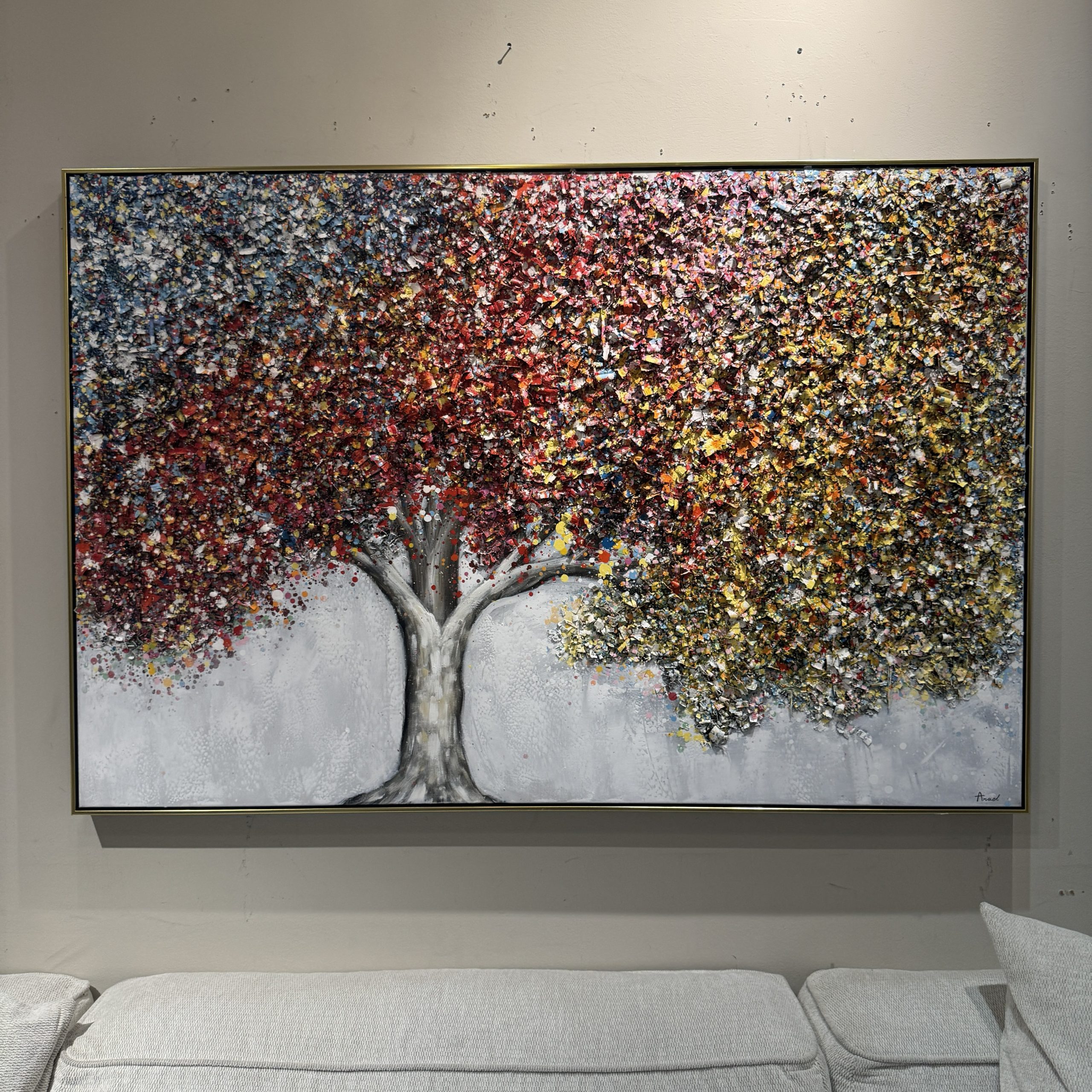 תמונת שמן אנאל עץ צבעוני בשילוב הדפסה עם מסגרת תמונת שמן אנאל עץ צבעוני בשילוב הדפסה עם מסגרת