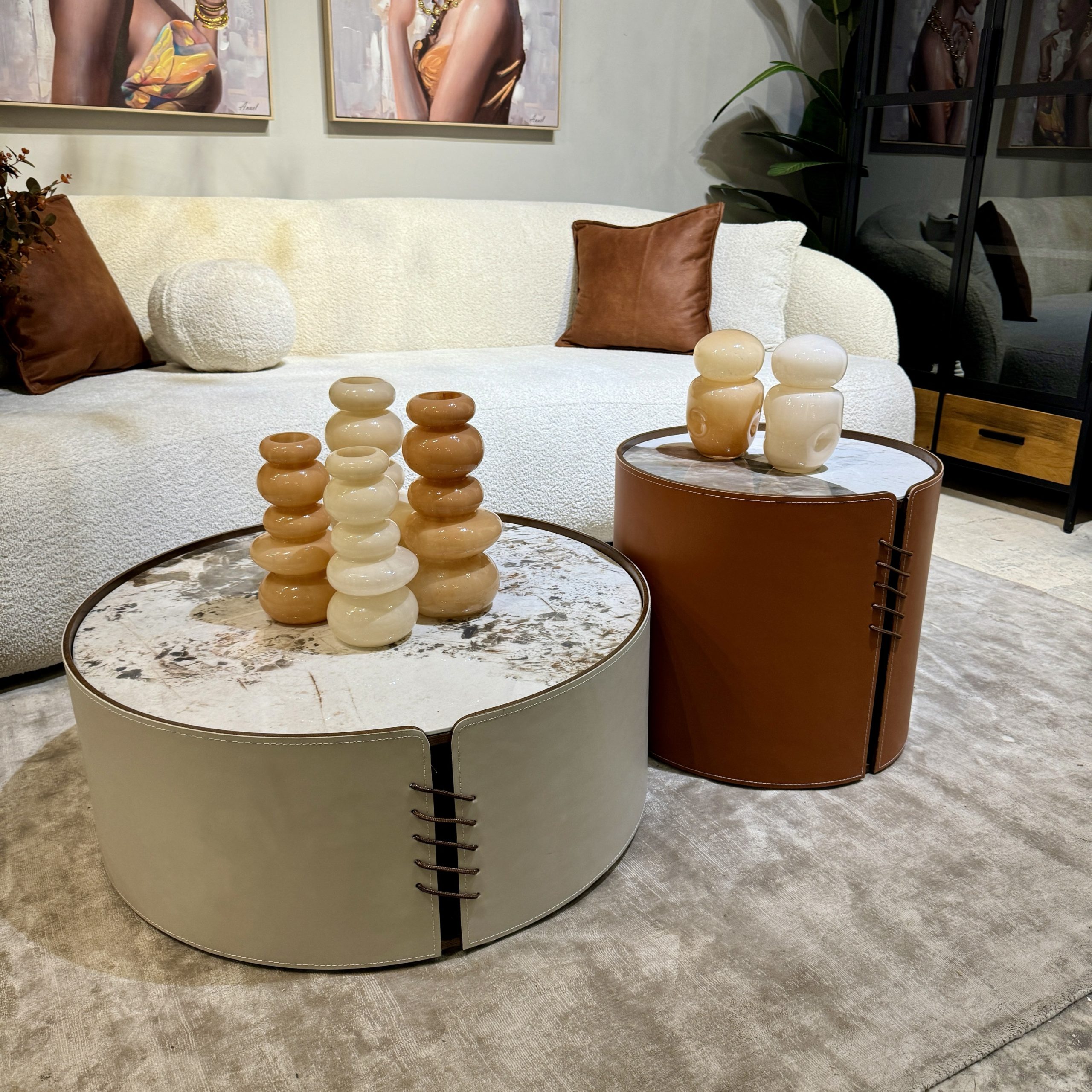 סט שולחנות סלון מרבל עור דגם מנדי סט שולחנות סלון מרבל עור דגם מנדי