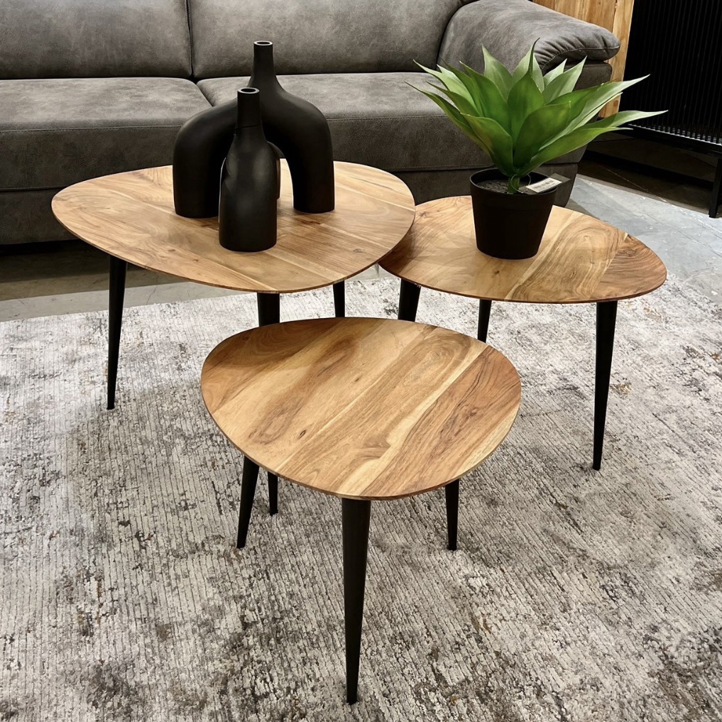 סט 3 שולחנות סלון דגם ווד עץ שיטה רגלים שחור