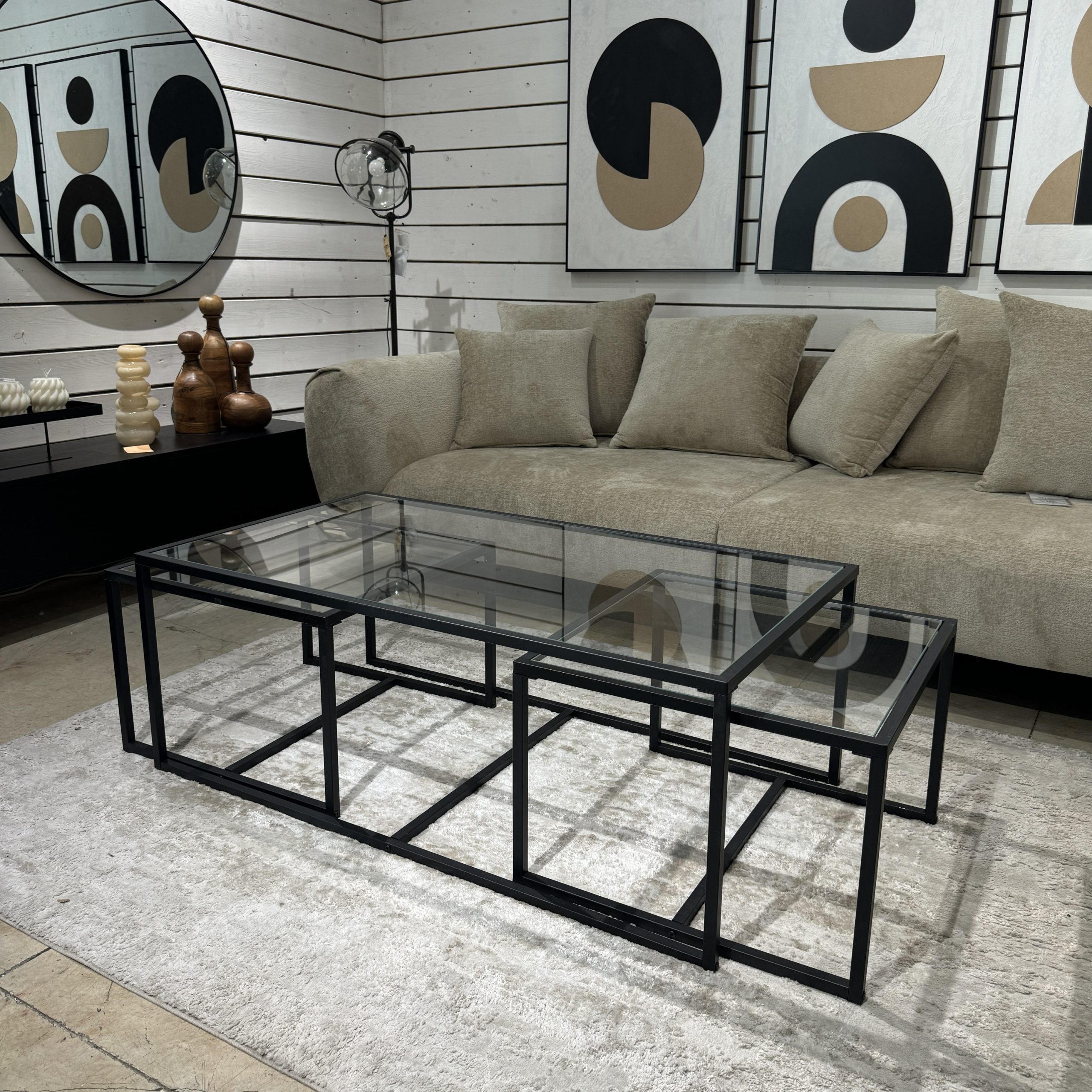 סט 3 שולחנות ברזל שחור וזכוכית דגם מוס סט 3 שולחנות ברזל שחור וזכוכית דגם מוס