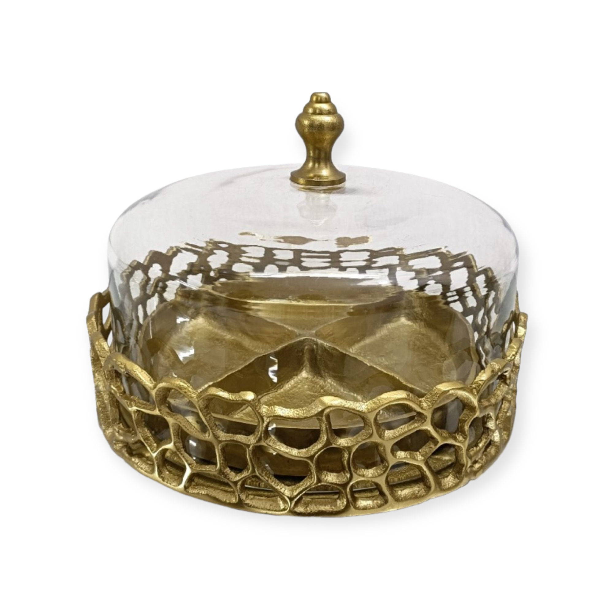 מגש עגול מחולק מתכת מחוררת זהב פעמון זכוכית שקוף דגם רוני מגש עגול מחולק מתכת מחוררת זהב פעמון זכוכית שקוף דגם רוני