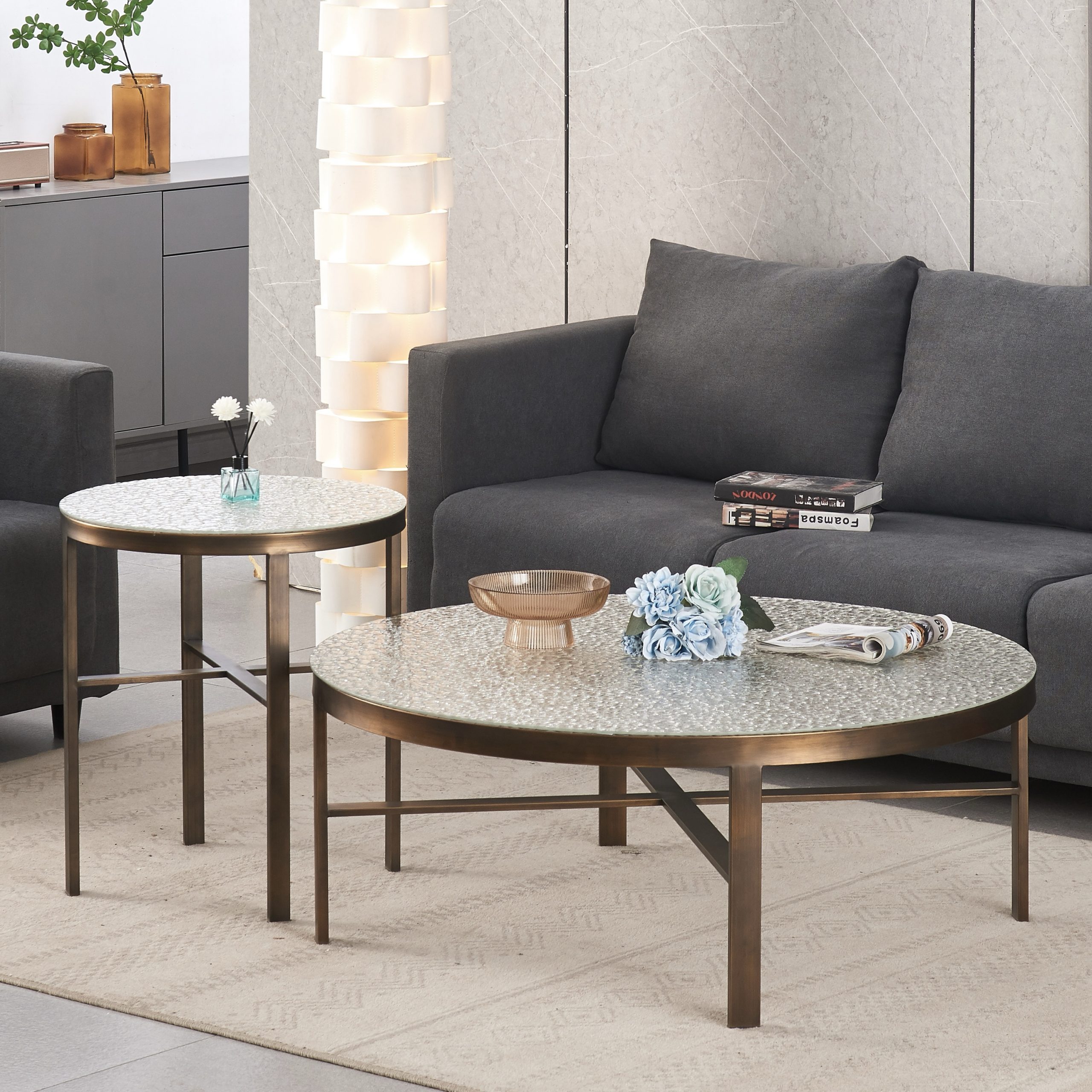 סט שולחנות סלון עגולים זהב זכוכית ריקועים דגם סלינה photo number 10