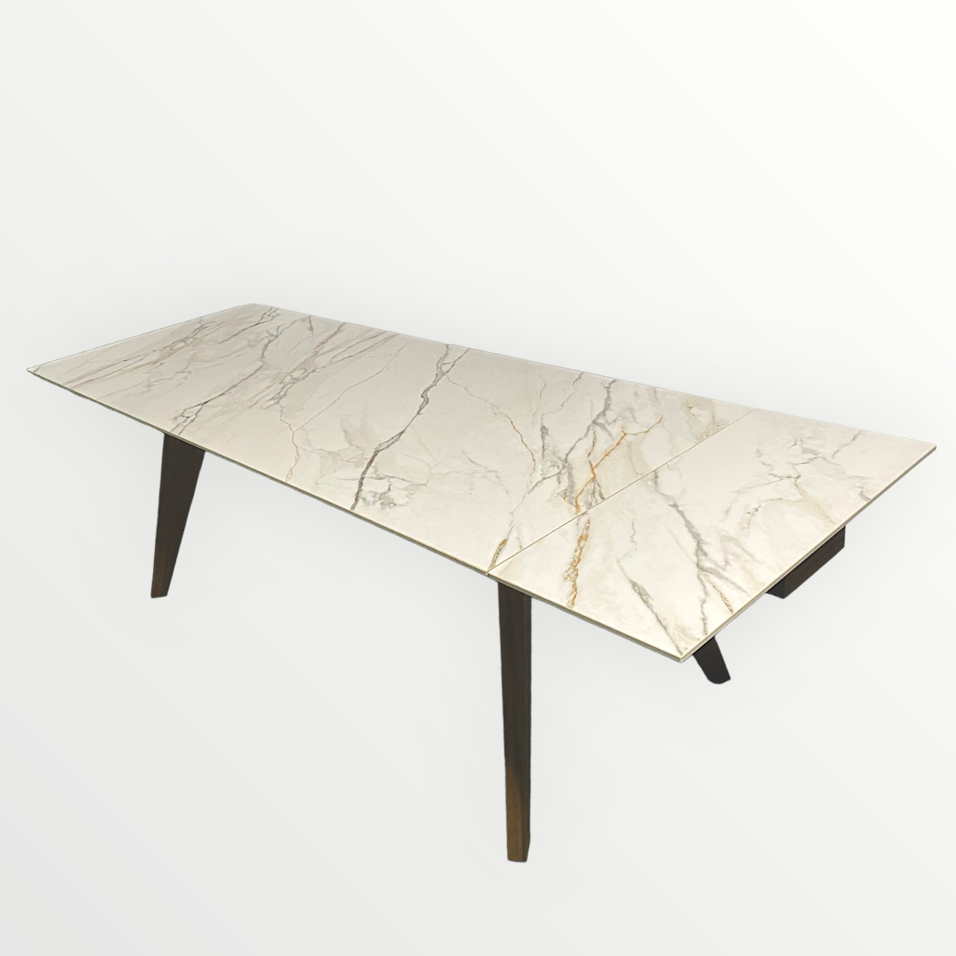 שולחן אוכל מרבל לבן נימים חומים נפתח רגל אגוז דגם הלן שולחן אוכל מרבל לבן נימים חומים נפתח רגל אגוז דגם הלן