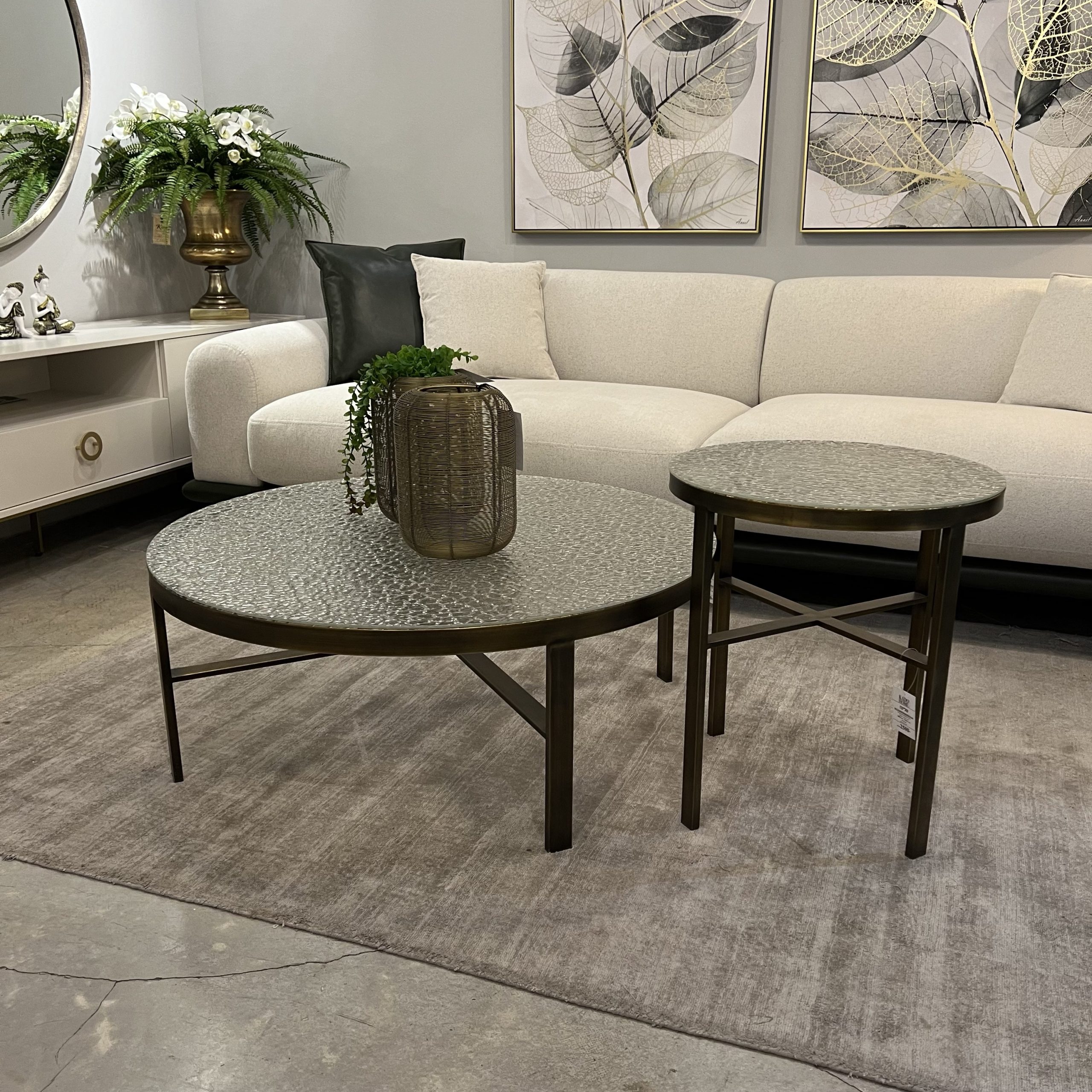 סט שולחנות סלון עגולים זהב זכוכית ריקועים דגם סלינה סט שולחנות סלון עגולים זהב זכוכית ריקועים דגם סלינה